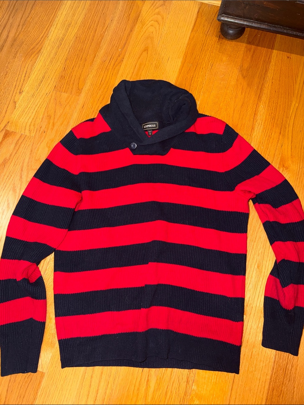 Express Men’s Red & navy Striped Shawl Collar Sweater